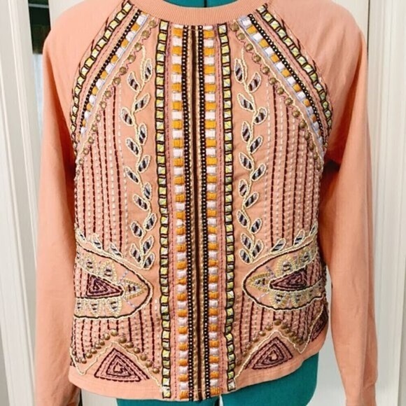 Akemi & Kin Peach Embroidered Beaded Bohemian Beaded Crew Neck Long Sleeve Shirt - Picture 4 of 10